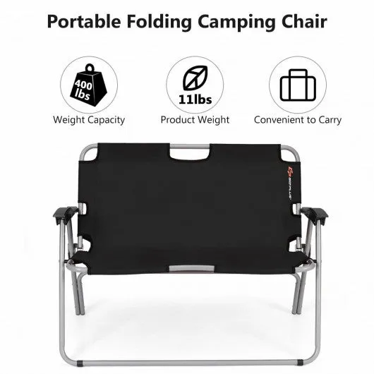 2 Person Folding Camping Bench Portable Double Chair-Black