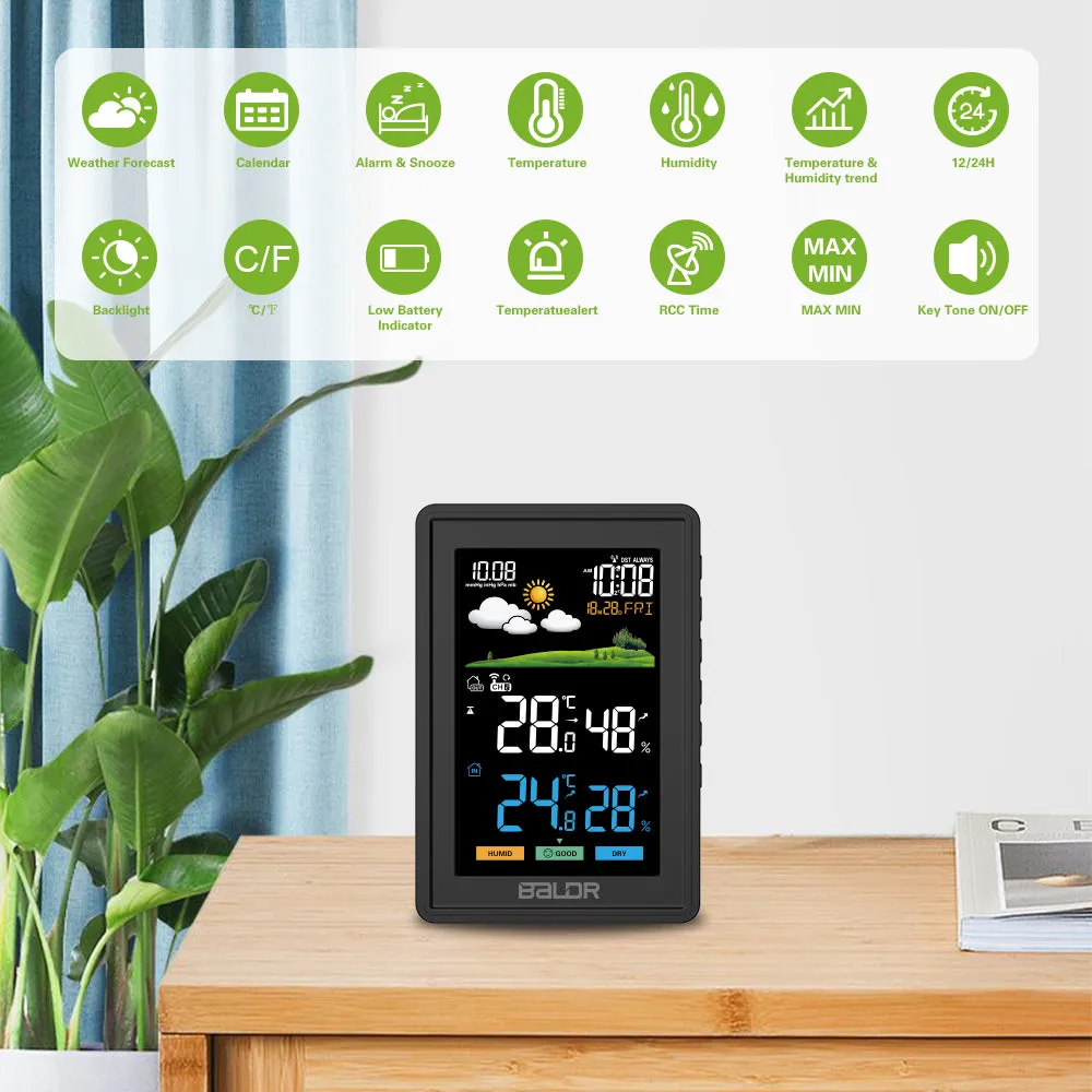 BALDR Weather Station Wireless Indoor Outdoor Thermometer - Color LCD Display Weather Forecast - Atomic Wall Clock