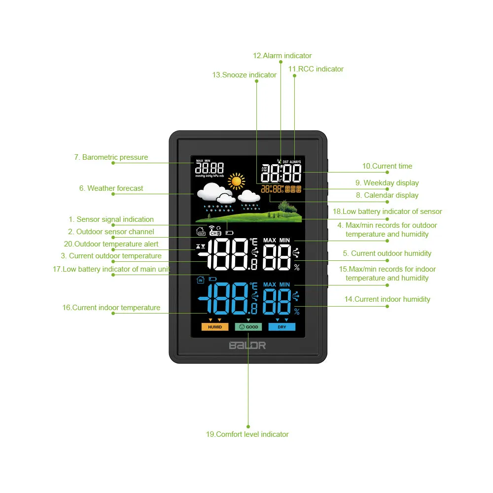 BALDR Weather Station Wireless Indoor Outdoor Thermometer - Color LCD Display Weather Forecast - Atomic Wall Clock