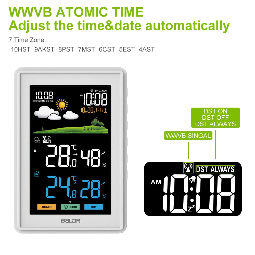 BALDR Weather Station Wireless Indoor Outdoor Thermometer - Color LCD Display Weather Forecast - Atomic Wall Clock