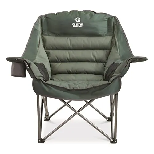 Guide Gear Oversized XL Padded Camping Chair, Portable, Folding, Large Camp Lounge Chairs for Outdoor, Adults, Men and Women, Heavy-Duty 400-lb. Capacity, with Cup Holder, Green