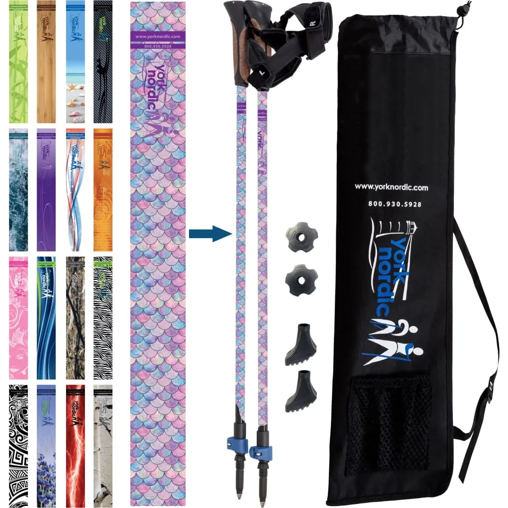 Mermaid Scales Hiking & Walking Poles w-flip locks, detachable feet and travel bag - pair - For Heights up to 6’2”