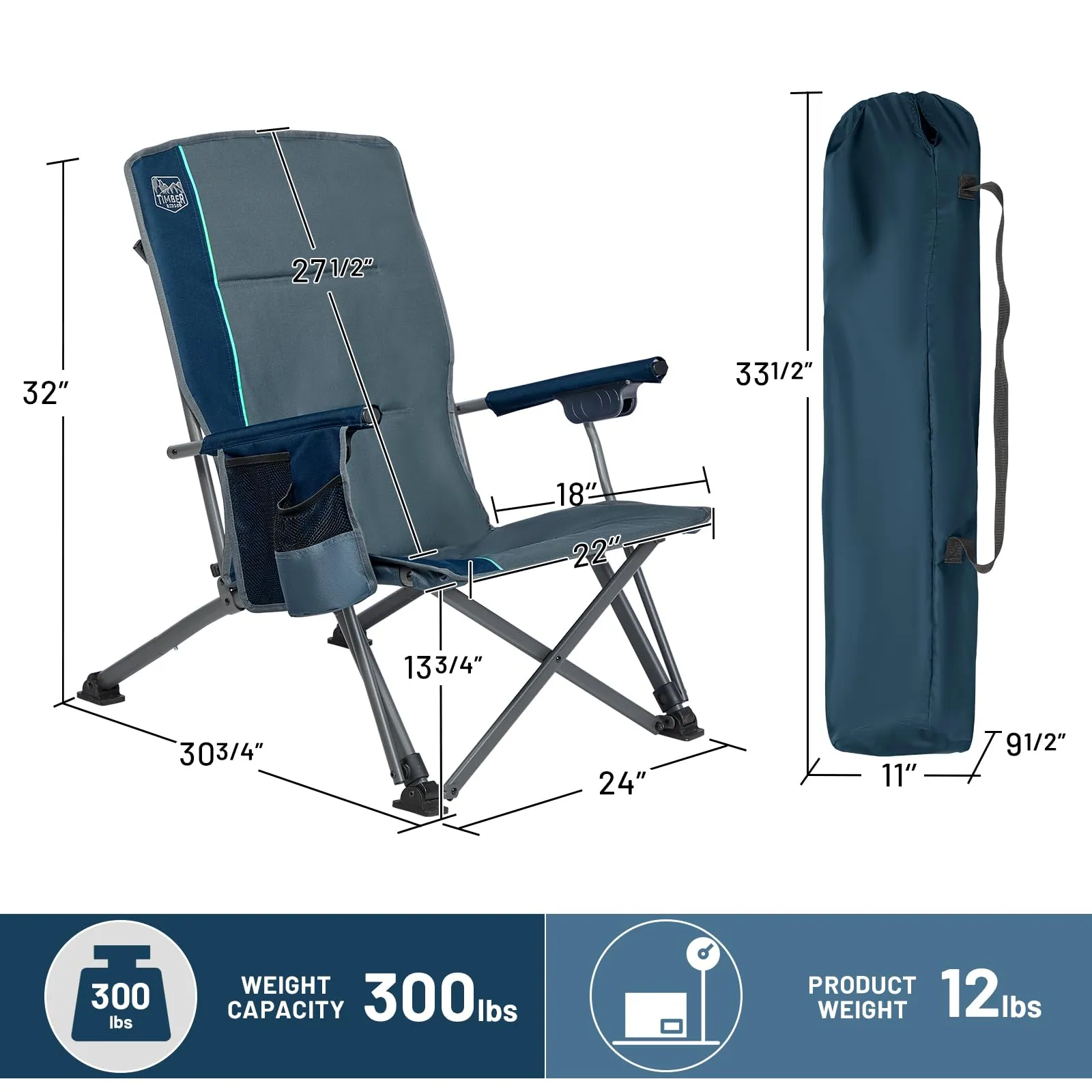 TIMBER RIDGE Folding Low Profile Camping Chair - High Back with 3 Position Adjustable Heavy Duty Beach Chair with 300 lbs Capacity - Carry Bag Cup Holder Blue