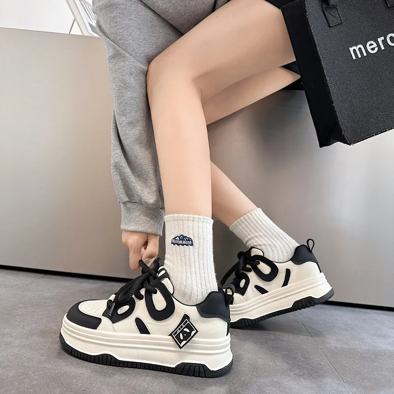 Womens Leather Cute Platform Panda Lace Up Sneakers