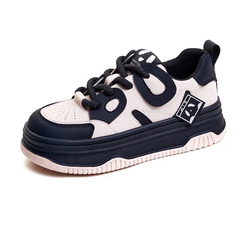 Womens Leather Cute Platform Panda Lace Up Sneakers