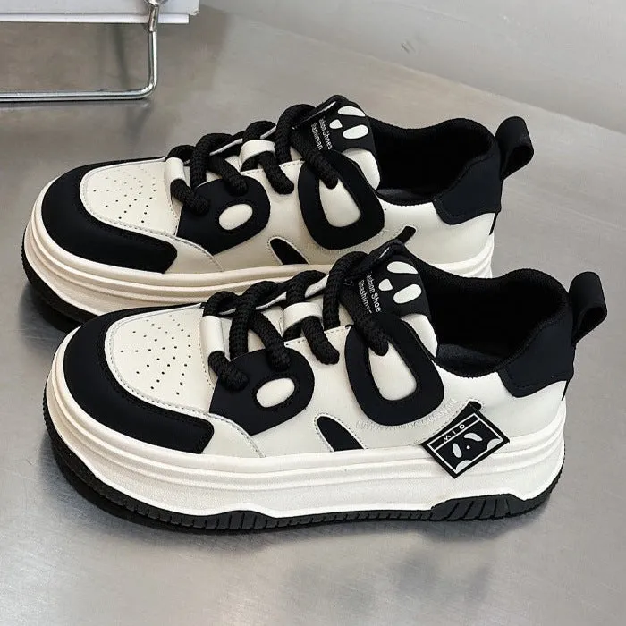 Womens Leather Cute Platform Panda Lace Up Sneakers