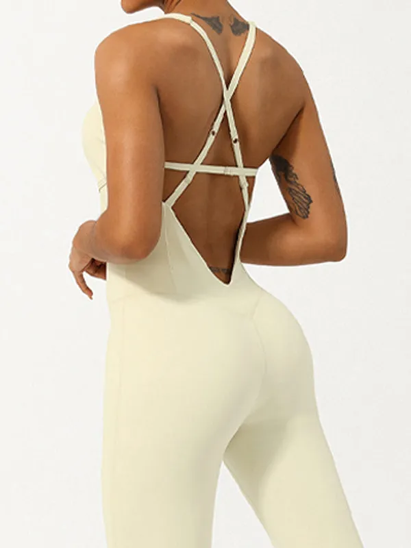 ZASUWA Female Cross Back Hollow Out Adjustable Strap Backless Quick Dry Jumpsuit